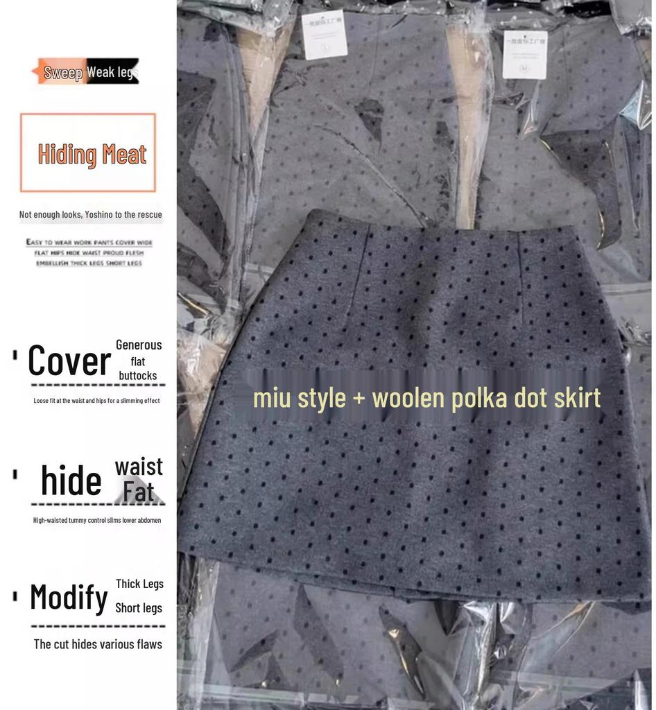 Slightly Chubby Girls' Polka Dot Woolen Half-Length Skirt - 2025 Spring/Autumn Korean Style, Elegant Fit, Retro Hip-Hugging Design