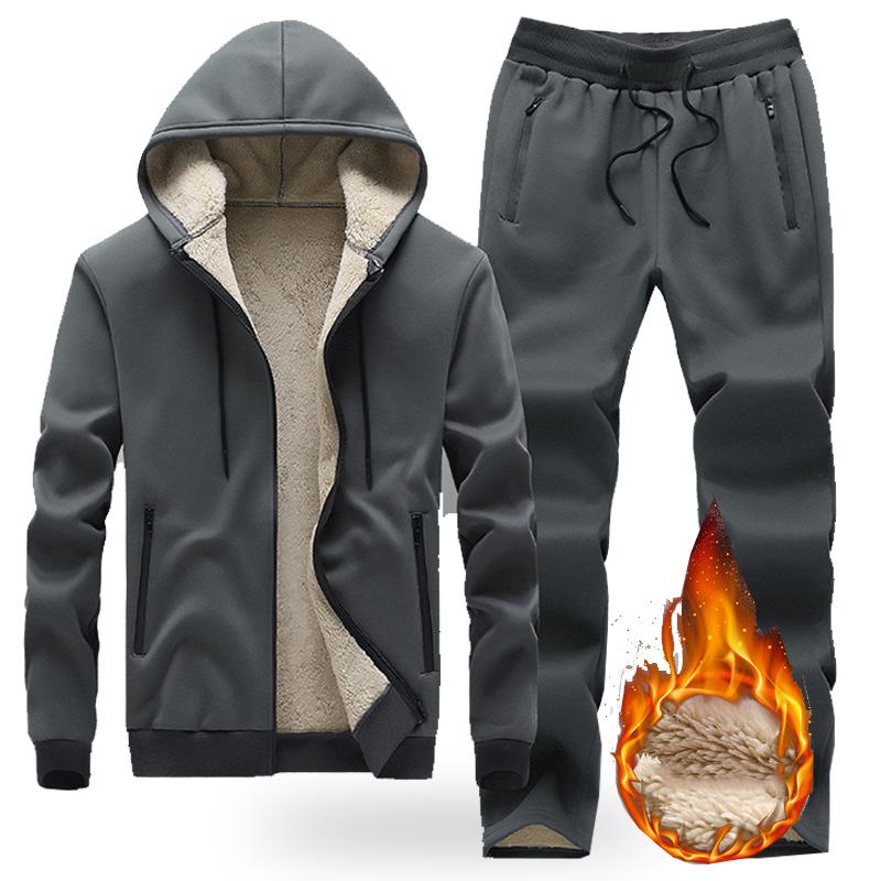 Men's Sets Winter Thick Hooded Tracksuit Men Solid Warm Casual Jacket + Sweatpants 2 Pieces Set Streetwear Sweatsuit Male