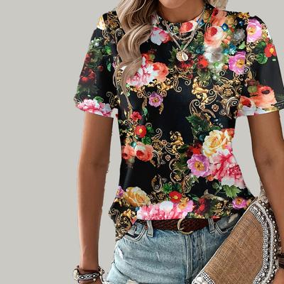 Женская летняя футболка с ярким цветочным принтом, футболка с короткими рукавами, повседневный топ с принтом
