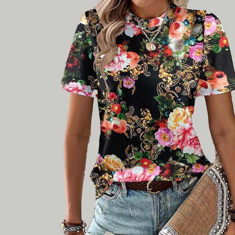 Женская летняя футболка с ярким цветочным принтом, футболка с короткими рукавами, повседневный топ с принтом