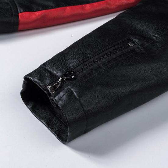 Men Coat Contrast Colors Stand Collar Motor Slim Vintage Classic Faux Leather Jacket for Biker
