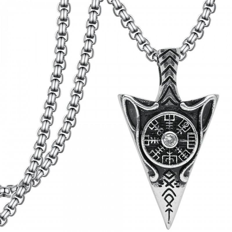 Vintage Rune Compass Pendant Necklace With Spear Tip Design Copper Antique Finish Pearl Chain Gothic Style Daily Wear