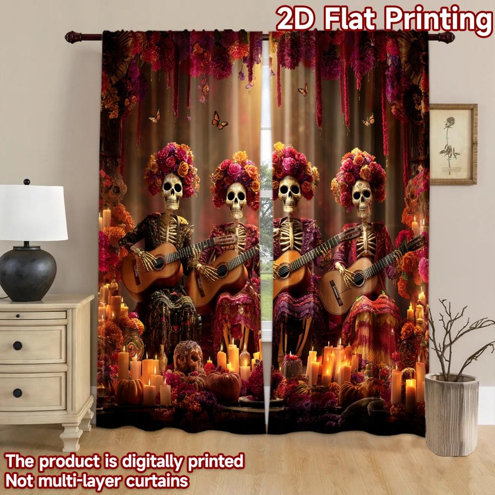 2D flat printing 2pcs Curtains Day of the Dead Skeletons Musicians Celebration Digital Printed Polyester Drapes Seasonal Party &