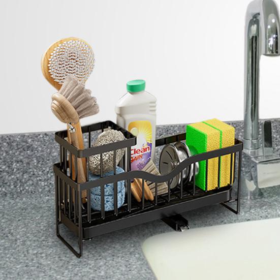 Стойка для хранения раковины с быстрым сливом и дренажным туннелем. Стойка для слива из нержавеющей углеродистой стали. Полка для организации кухонных принадлежностей. Губка для раковины. Тряпка для мытья посуды.