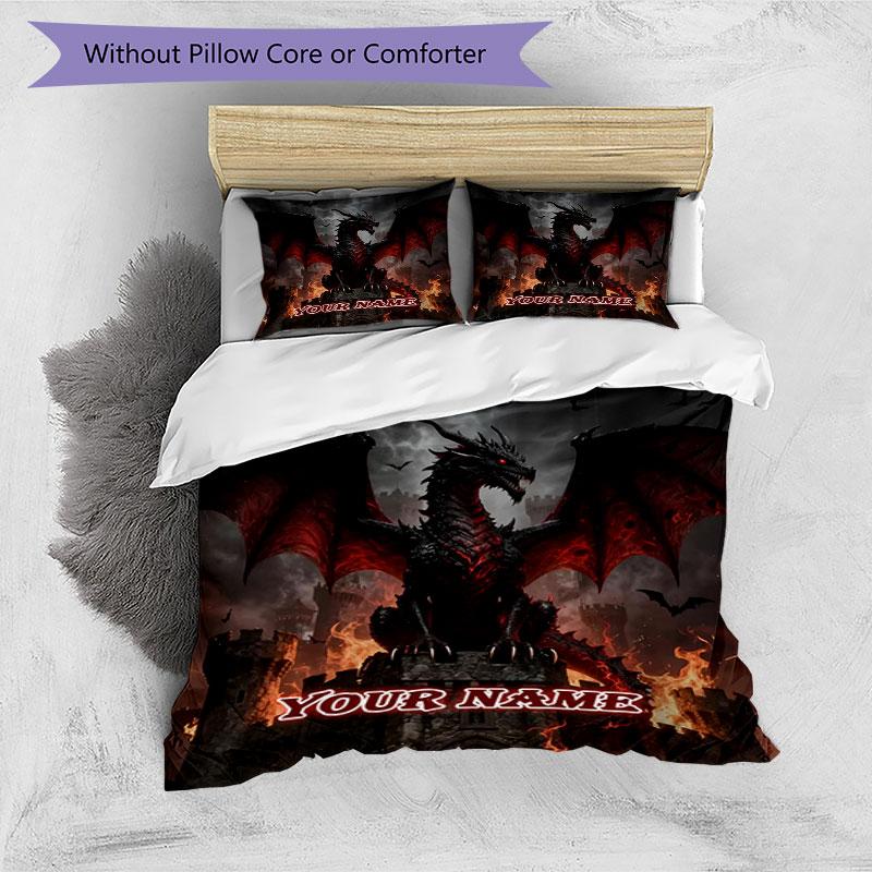 3PC Custom Name "Dragon Castle Fantasy Art" Bedding Set Printed Bedding Set Duvet Cover Closure Includes 1 Duvet Cover & 2 Pillowcases for All Seasons