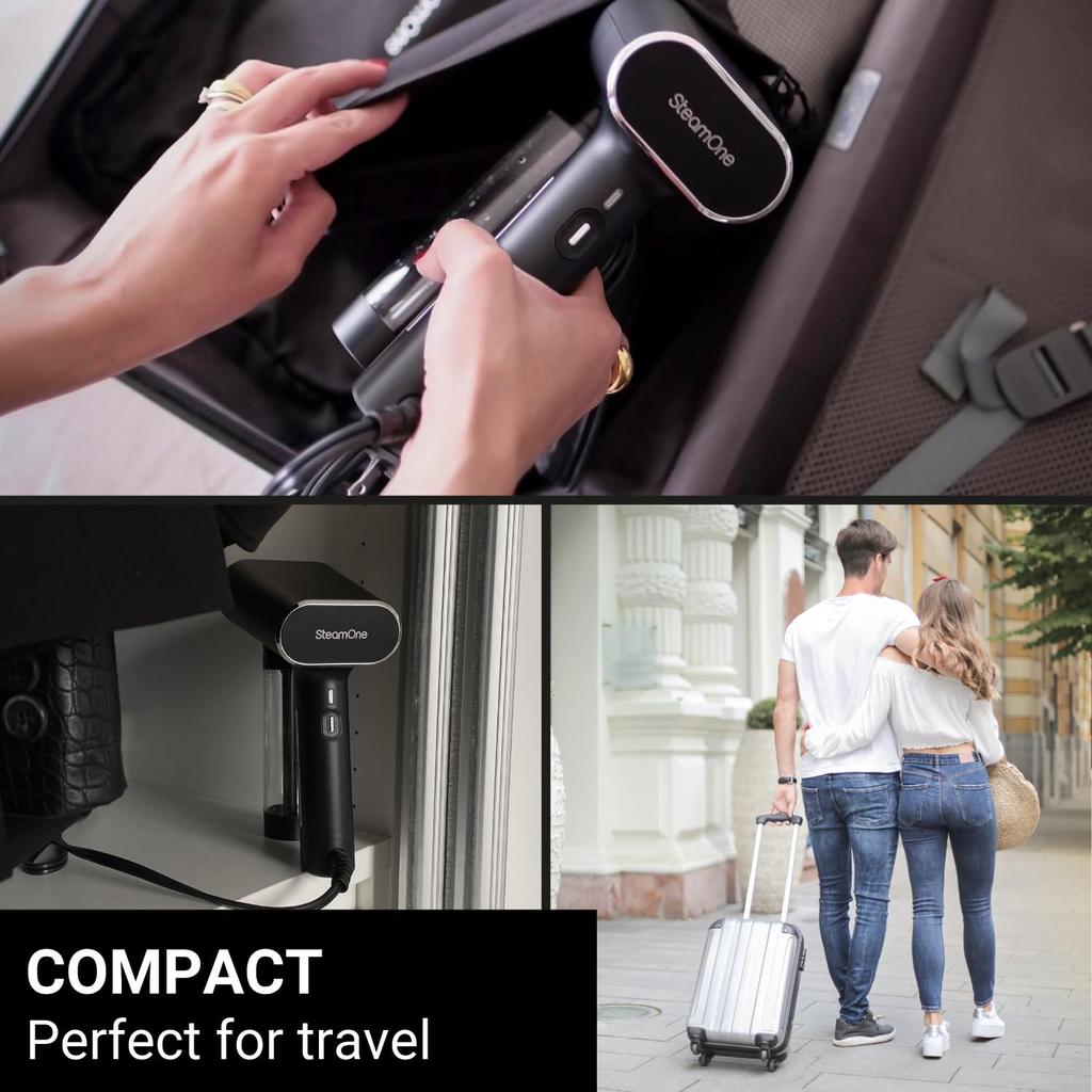 Отпариватель для одежды SteamOne NS1750B, черный, 18 г в 30, можно использовать непрерывно с пластиковой бутылкой S-Nomad, легкий/мощный пар/запускается