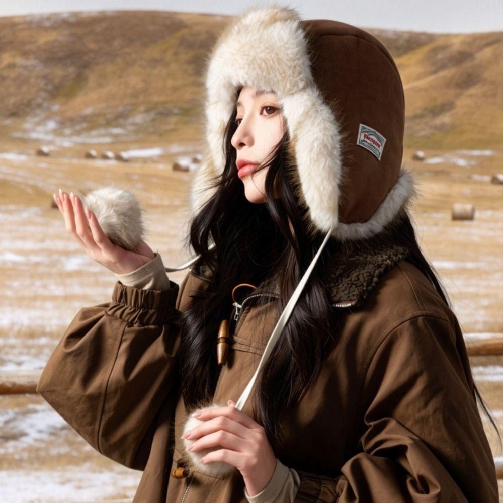 Pom Poms Ear Flap Ushanka Hat Polyester Winter Cycling Hat Fleece Lined Trapper Hat Winter Season