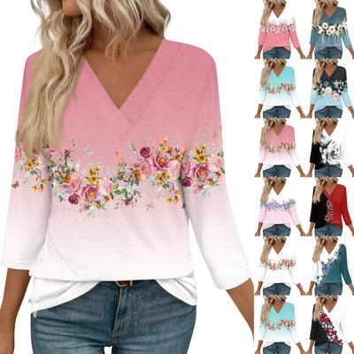 Женские топы с рукавами 3/4 и V-образным вырезом, повседневные туники, базовые рубашки, блузки свободного кроя