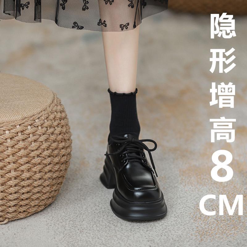 Женские туфли-туфли из натуральной кожи в британском стиле на шнуровке, модель 2025 года, маленькие, на высоком каблуке, с толстой подошвой, внутренняя высота увеличивается на 8 см.