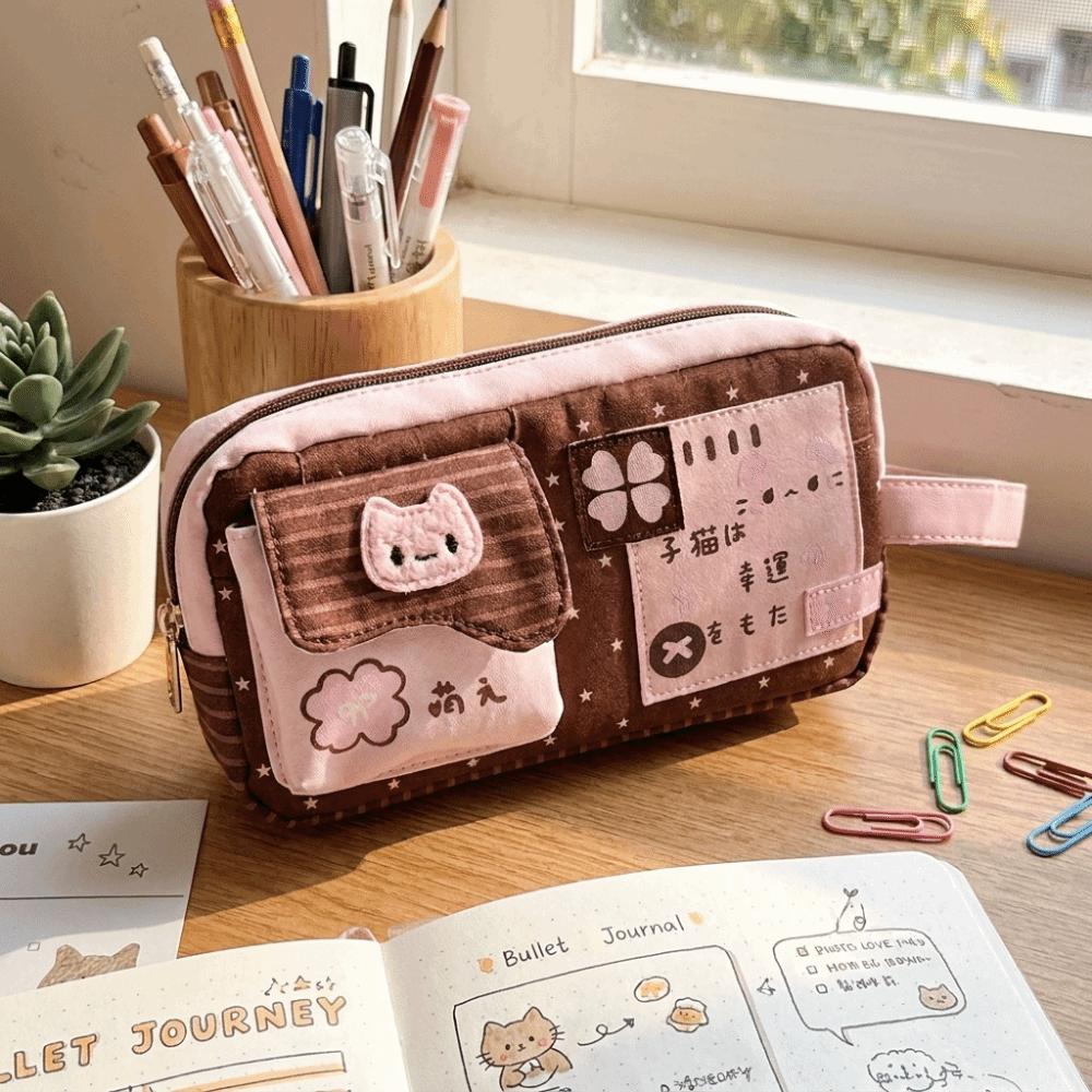 Large Capacity Pen Pouch Canvas Pencil Pouch Cartoon Cat Print Pencil Case Desktop Organization