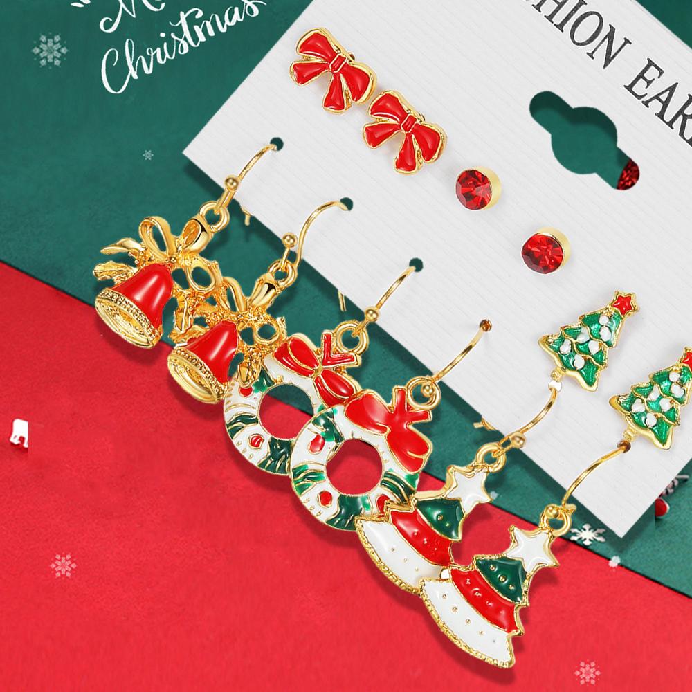 Рождественская серия 6 пар серег-снежинок и колокольчиков, комбинированный набор, трансграничные мультяшные серьги с эмалью в виде оленя и Санты