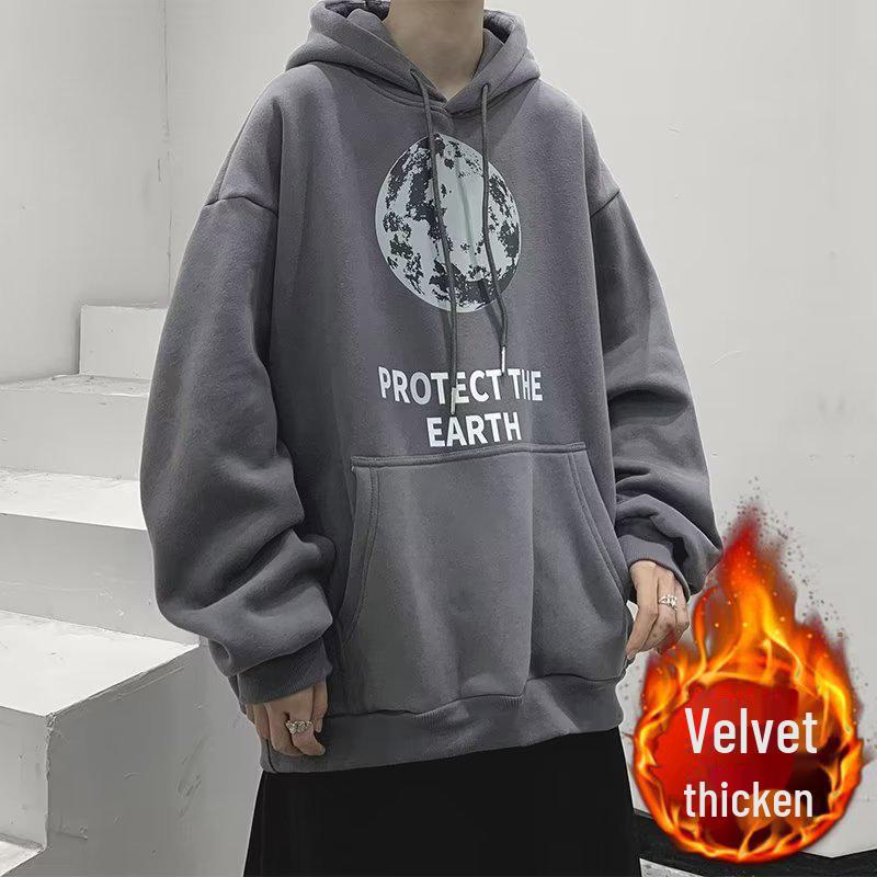 Мужская толстовка с капюшоном на бархатной подкладке в гонконгском стиле: Модный, свободный, универсальный повседневный топ на осень и зиму