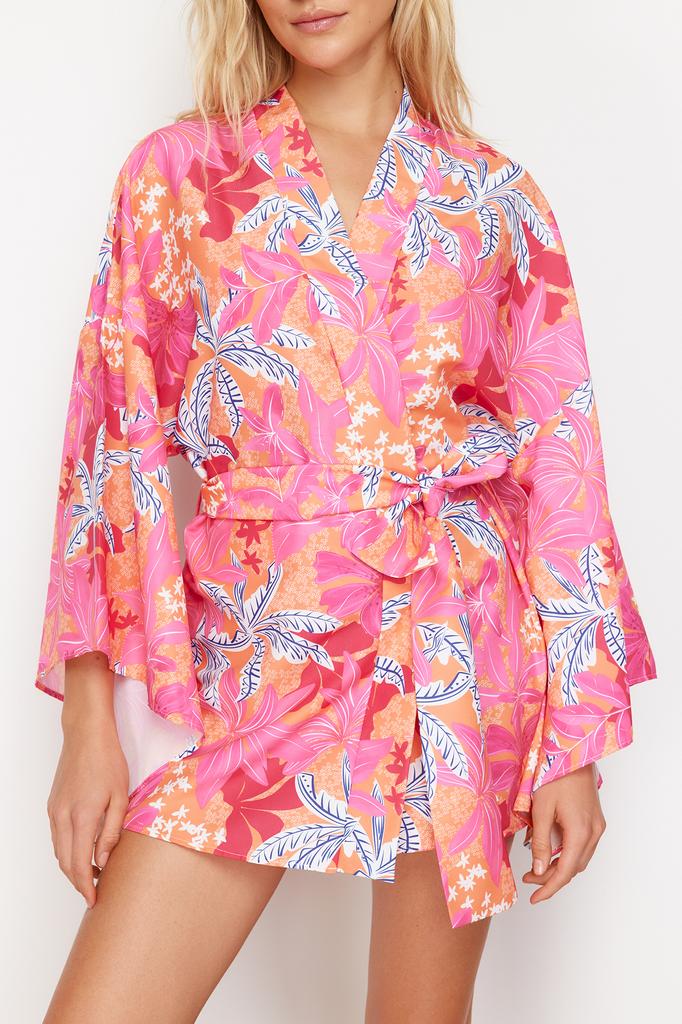 Women's Fashion New Kimono&Kaftan Floral Pattern Belted Mini Woven KimonoKaftan