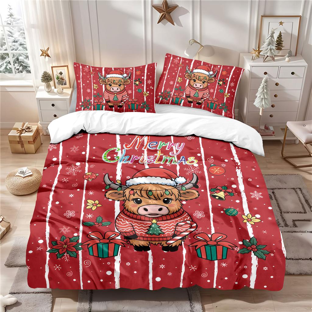 3pcs Christmas Highland Cow Red Print correless quilt Set Multi Size Bedroom Bedding Holiday Decoration Soft Machine Washable
