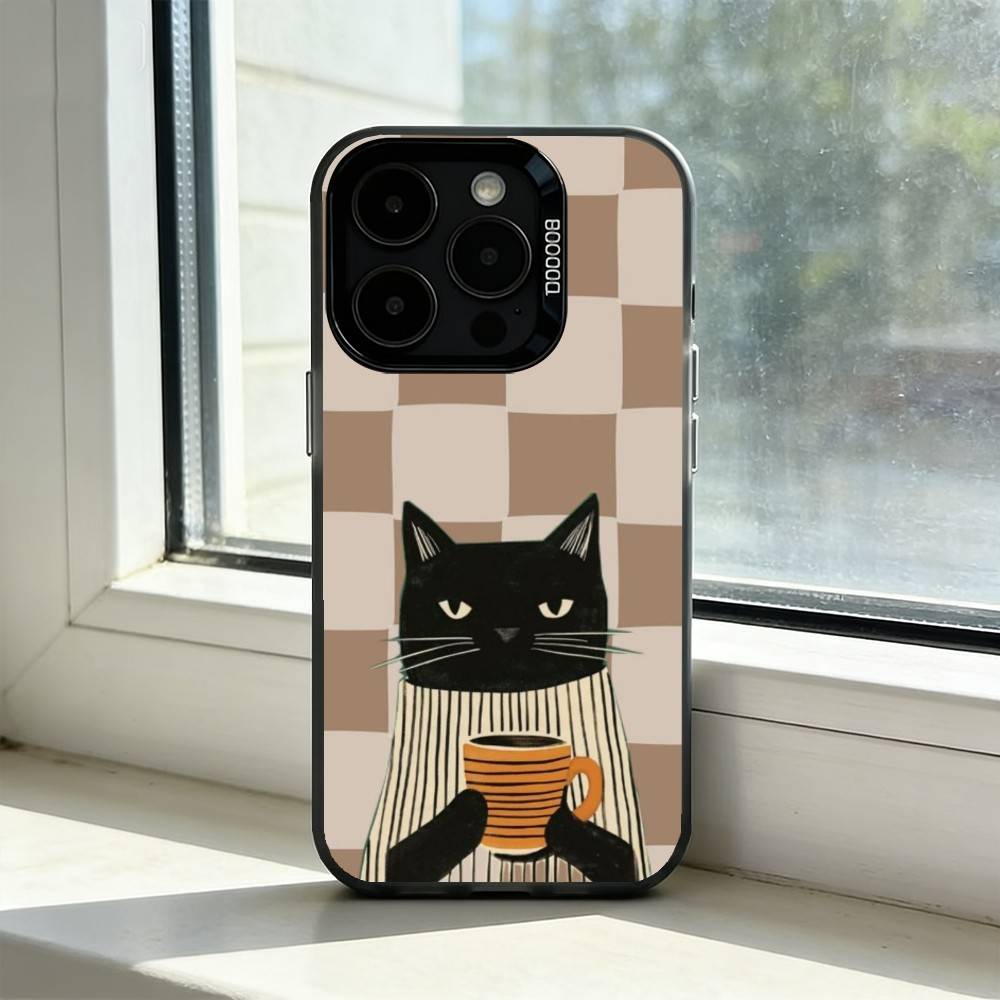 Чехол для телефона «Ленивый кот с кофе» для iPhone 17,16,15,14,13,12,11 Plus,Pro Max,XS, Цветной Серебристый Черный Чехол