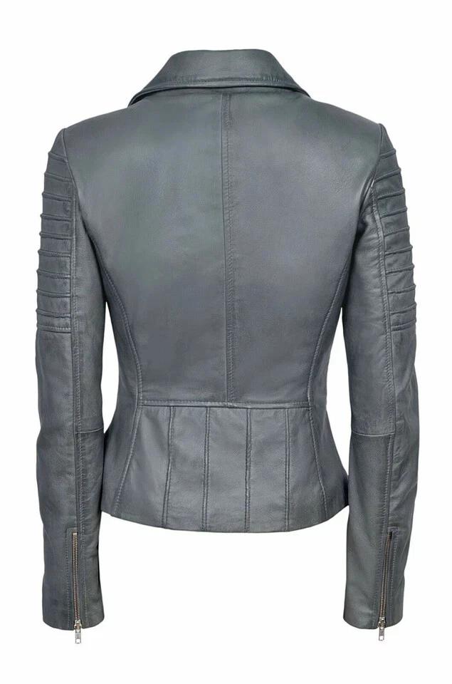 Handmade Leather Lambskin Stylish Women Jacket Gray Casual Biker Soft Fit