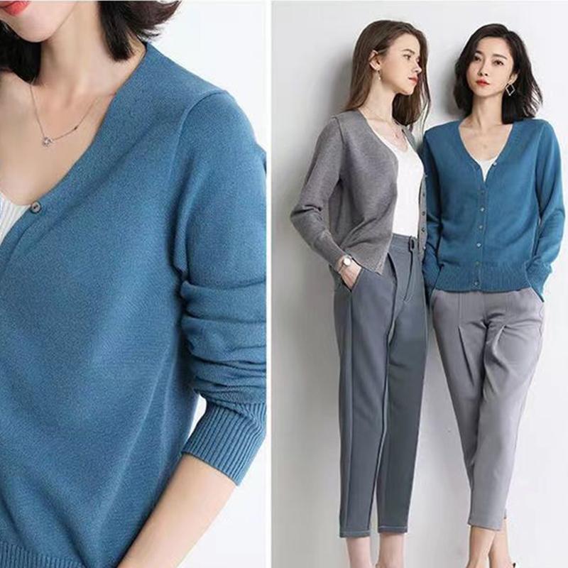 Women's V-Neck Knitted Cardigan Loose Slim Plus Size Sweater All-match Jacket Solid Color Basic Small Cardigans for Spring Autumn