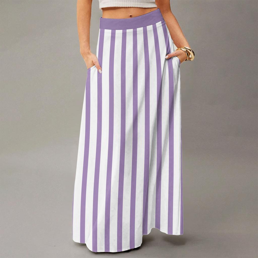 Женская повседневная складная юбка макси с высокой талией, драпированная, свободного кроя, с карманом, в полоску, в клетку