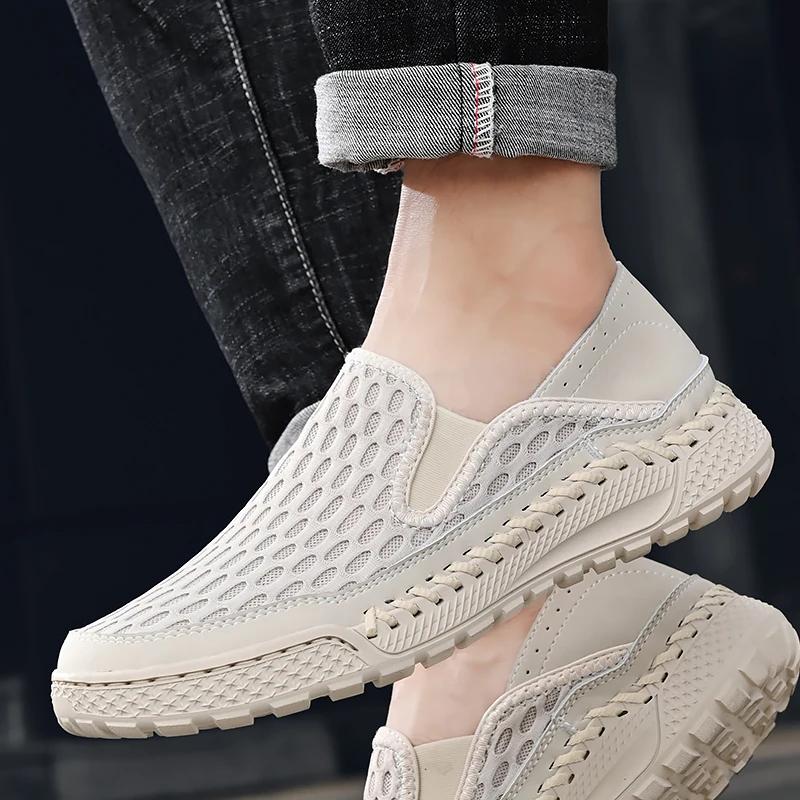 Fashion Retro Knitted Mesh Casual Shoes Lightweight Casual Shoes Breathable Slow Walking Shoes Mens Black LoafersMale Sneakers