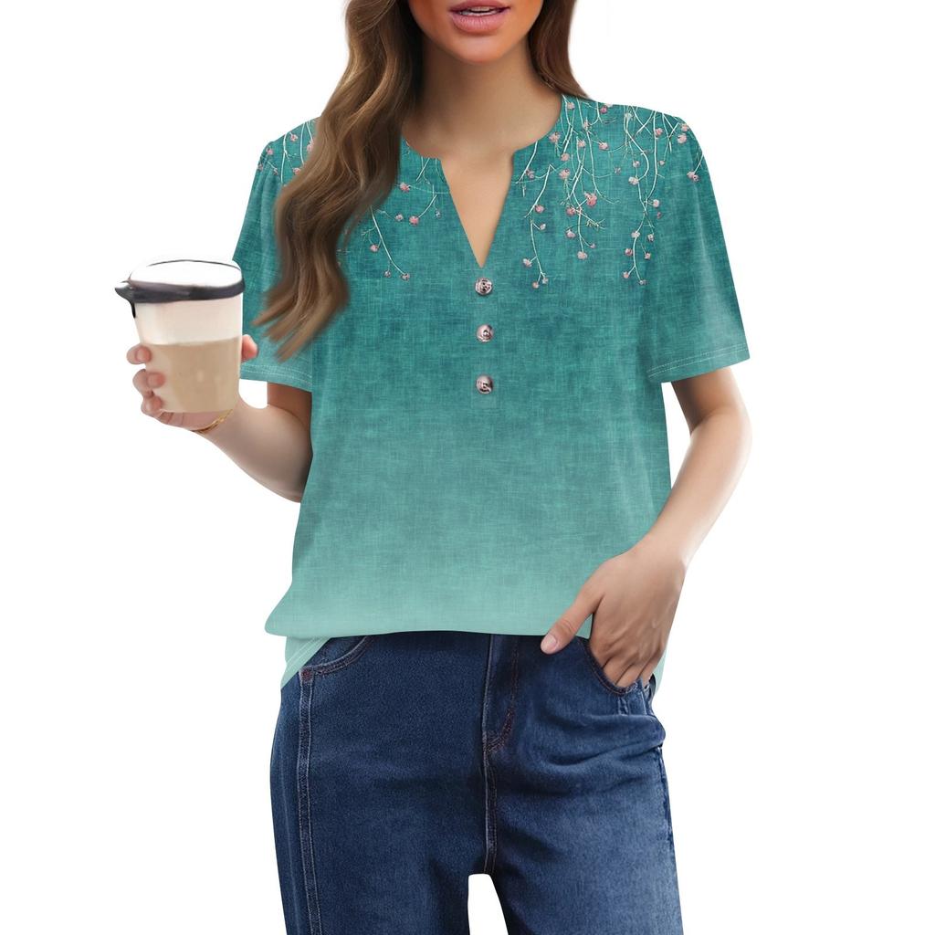 Women's Fashionable Casual Short Sleeve Button Print V-Neck Pullover Top