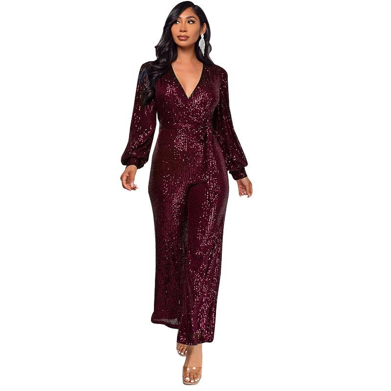 Sparkly Jumpsuits For Women Dressy Formal Plus Size Long Sleeve Sequin Party Rompers Sexy V Neck Wide Leg Pants Suit