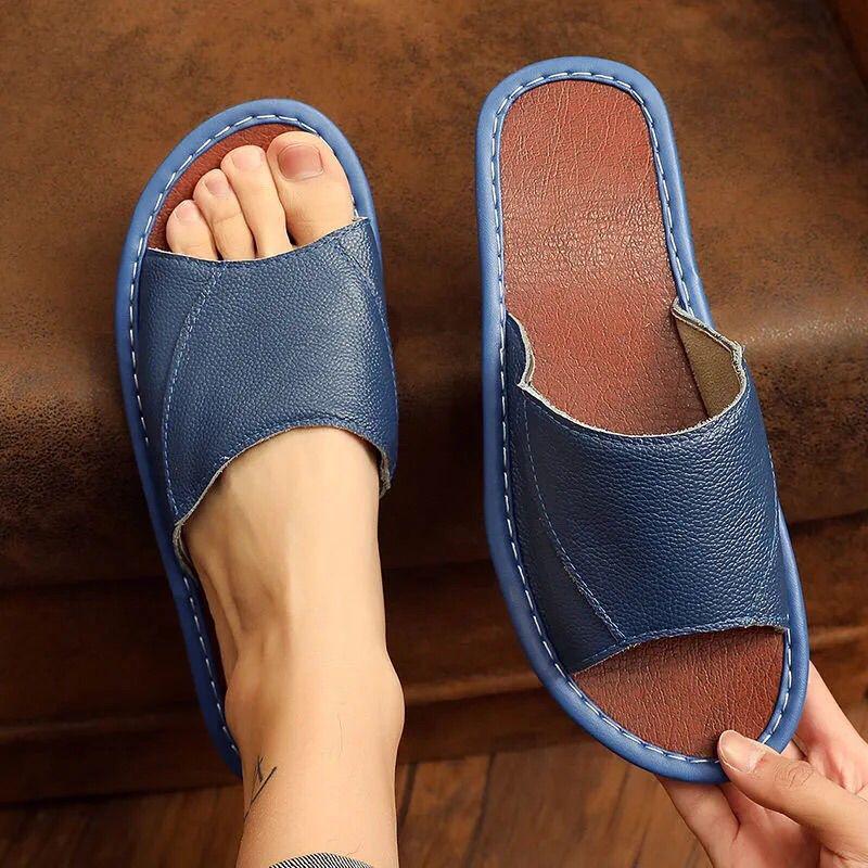 Унисекс тапочки из натуральной коровьей кожи: Нескользящий, Удобный, Повседневный и Крутой для Всех Сезонов