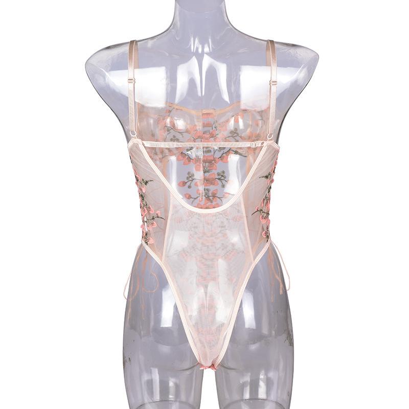 Lace Embroidery Bandage See-Through Sexy Bodysuit for Women