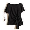 Super Slim! Intellectual Ol Women Summer Elastic Cotton Yarn Breathable Lace-up Irregular Split Nail Bead Collar T-shirt Black