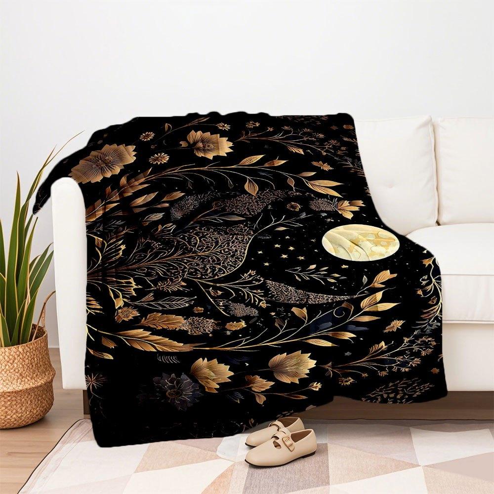 Golden Floral Night Sky Wall Art PrintBlanket Flannel Throw Blanket for Sofa, Bed, Travel, Camping, Office, Couch, Chair, And Bed Gift for C