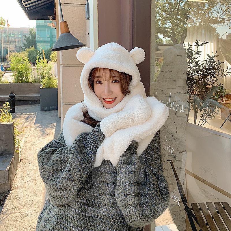Комплект шапок и шарфа в стиле Дженни с медведем: Женский теплый плюшевый осенне-зимний галстук для студентов
