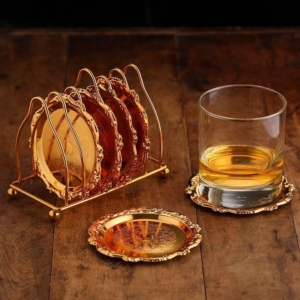 7 Pcs/set Carved European Decor Racks Plated Metal Cake Tray Classical Patterned Cup Mat  Cocktail