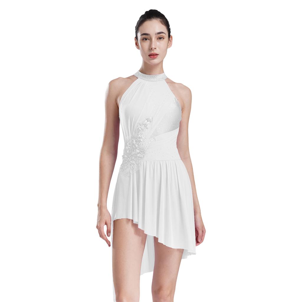 Женские балетные лирические танцевальные платья для фигурного катания, бретелька через шею, асимметричный подол, блестящие стразы, купальник