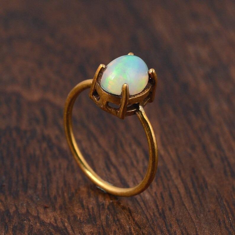 Кольцо с драгоценным камнем из эфиопского опала, кольцо из желтого золота, кольцо с зубцами из серебра 925 пробы, штабелируемое кольцо, женское кольцо, дизайнерское кольцо