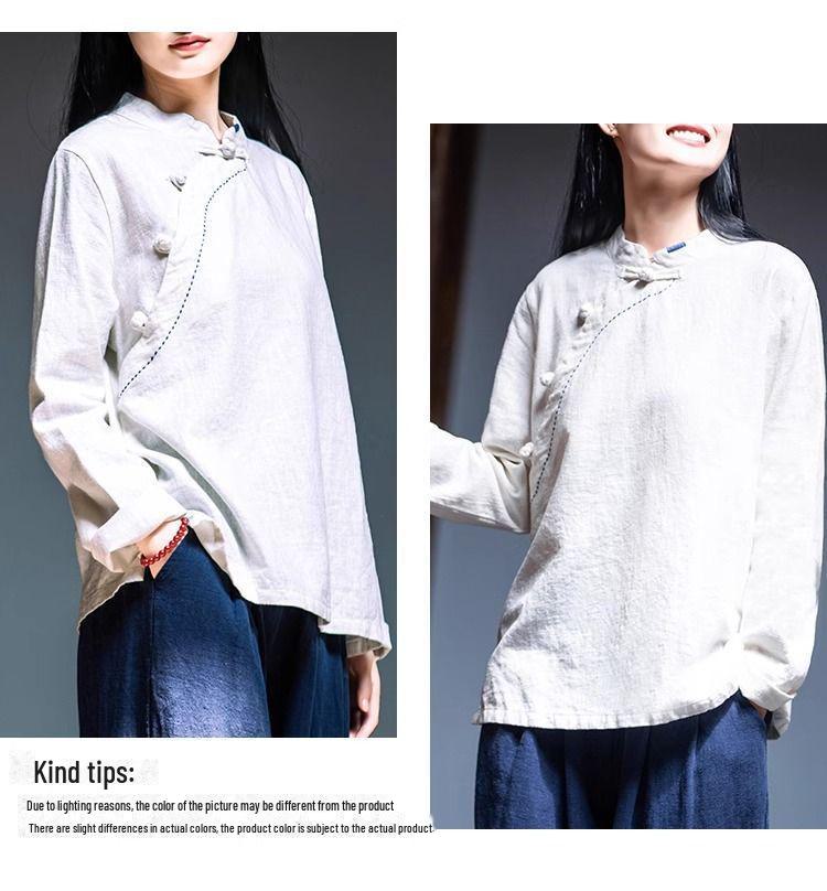 Женская рубашка из хлопка и льна в стиле ретро с длинным рукавом: Воротник-стойка/косой, свободный облегающий крой для весны, лета, осени