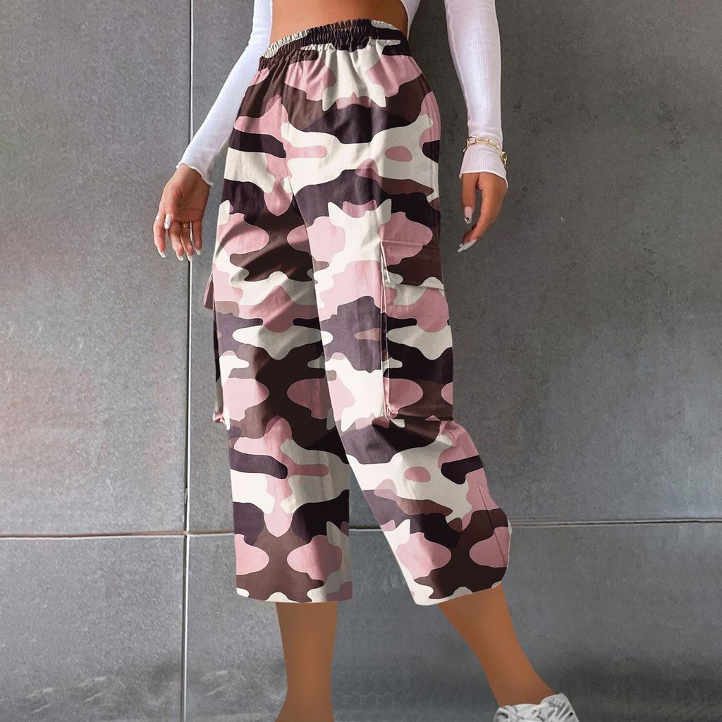 Женские повседневные рабочие брюки с эластичным поясом и укороченными брюками с камуфляжным принтом