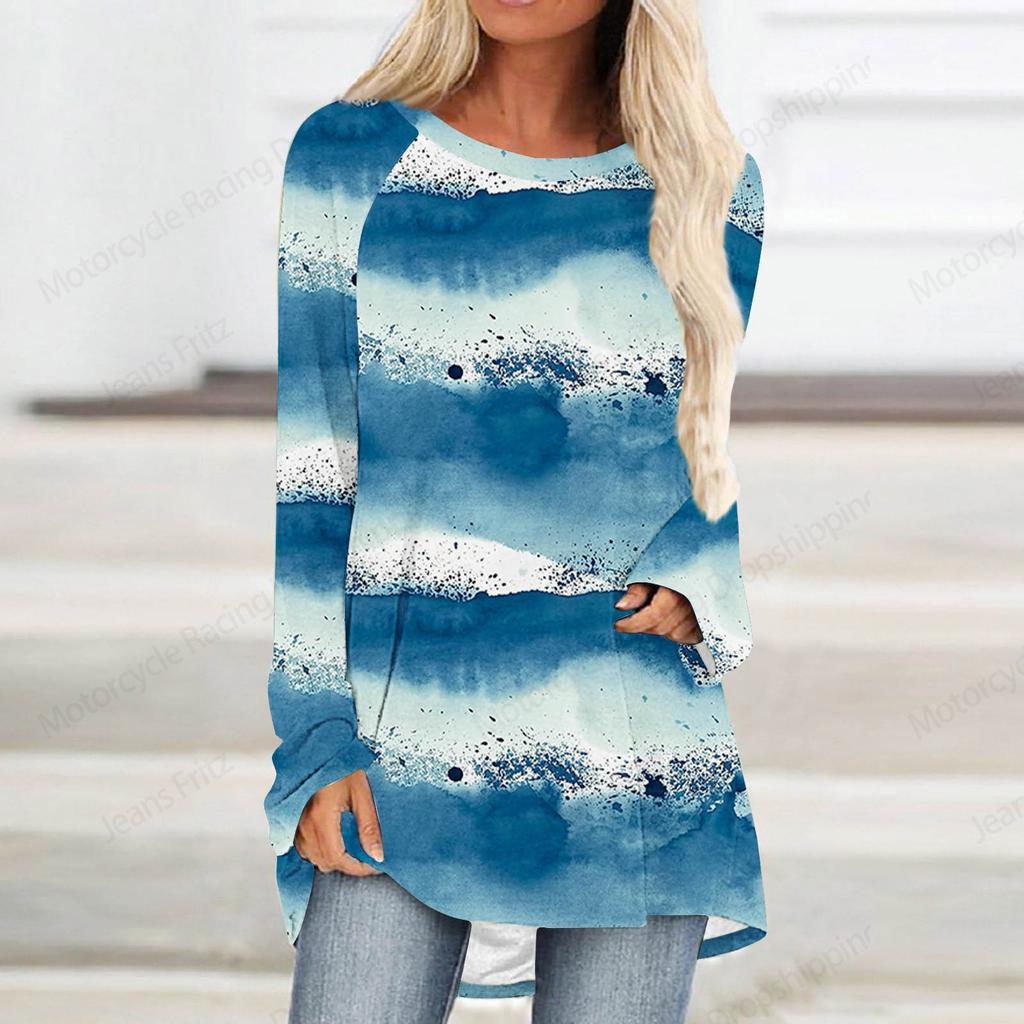 Красный Синий Фиолетовый Звездный 3D Принт Длинный Рукав Футболка Женская Мода Круглый Вырез Длинная Туника Топы Женская Осенняя Полосатая Одежда Роскошь