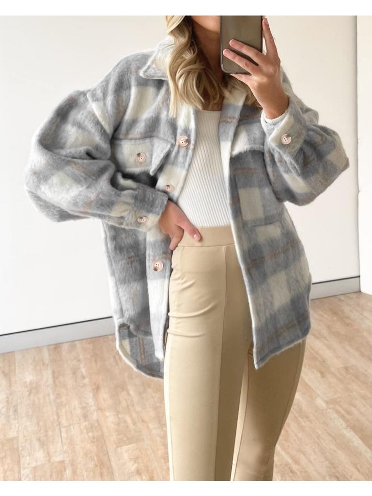 New Fashion Winter Clothes Women Plaid Jackets Coat Street Style Shacket Shirt Jacket Luxury Fluffy Button Down Long Overcoat