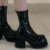 Waterproof Table Glossy Short Tube Thin Boots Autumn and Winter Muffin Thick Sole New Thick Heel Heightened Elastic Black Martin Boots Women