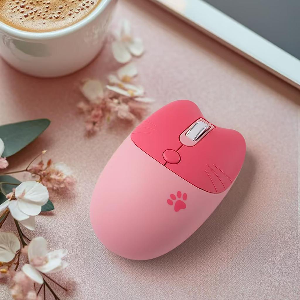 Cute Cat USB Wireless Mouse for Women and Compatible with PCs and Laptops 2.4G Kids, Stylish, Colorful, Quiet, (Pink Cat)