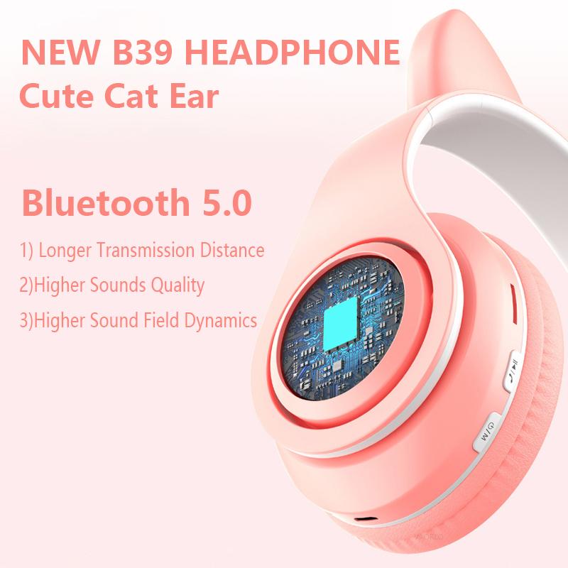 Cute Cat Ear Headphones Bluetooth 5.0 Wireless Game Headset Bass Noise Cancelling Stereo HiFi Music Support TF Card Casco Mic Girl Gift Pink