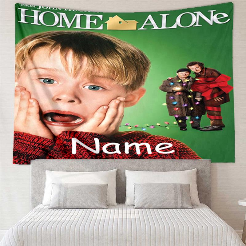 Custom Name Home Alone Print Tapestry, Backdrop, Easy Setup, Ideal for Bedroom, Office & Living Room, with Aesthetic Wall Hanging Decor.
