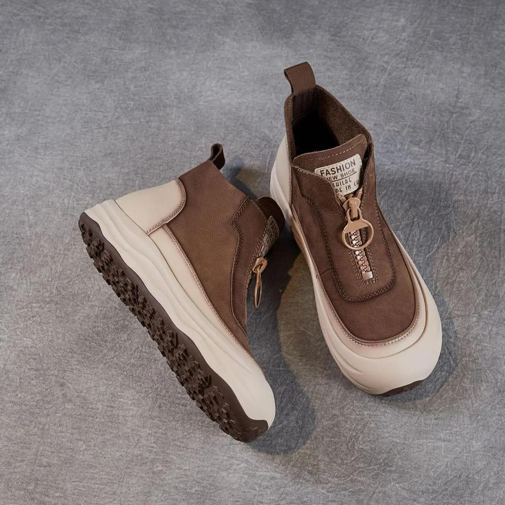 Johnature Ботильоны из натуральной кожи в ретро-стиле на толстой подошве с передней молнией, повседневная обувь на плоской платформе