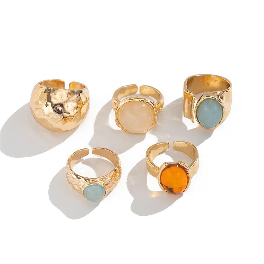 5Pcs Gold Tone Vintage Ring Set Aesthetic Alloy Fashion Jewelry Gift Boho Open Rings  for Women