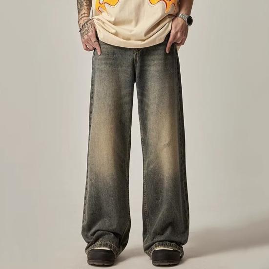 Мужские джинсы Градиент контрастного цвета Широкие штаны Свободные High Street Ретро Хип-хоп Прямые карманы полной длины с застежкой-молнией на пуговицах Мужские длинные джинсовые брюки