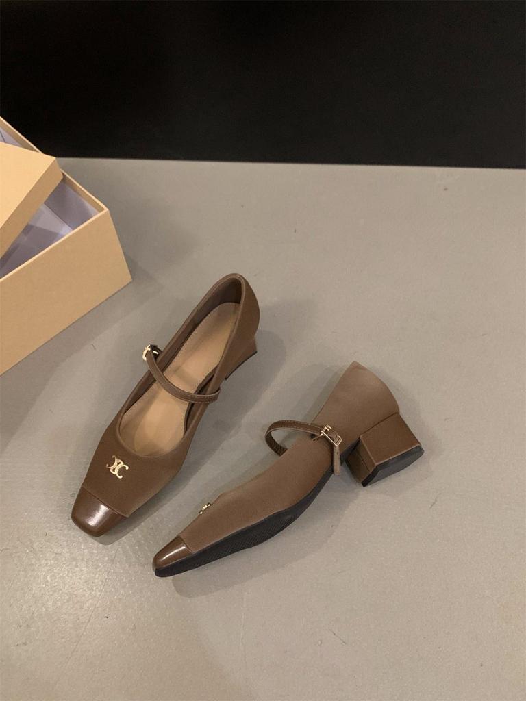 French medium high heel black Mary Jane single shoes women's shoes 2024 new spring, autumn and winter square head temperament evening shoes