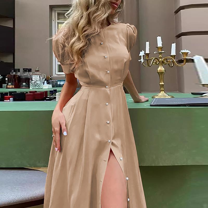 Summer Women's Dress Temperament Commuter High Waist Solid Colour Fashion Long Dresses