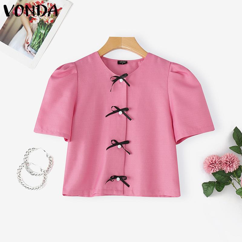 VONDA Летняя женская блузка с коротким рукавом, с бантом спереди, повседневная, укороченная, элегантная