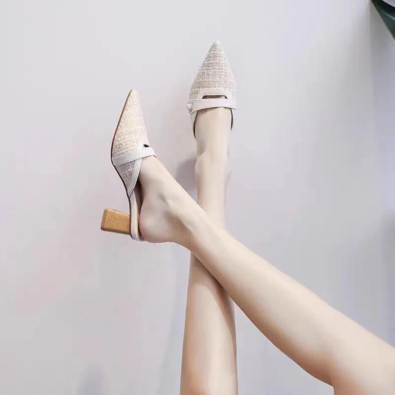 Женские полутапочки Baotou на высоком каблуке, летние новые, ленивые люди, носящие тапочки, сандалии