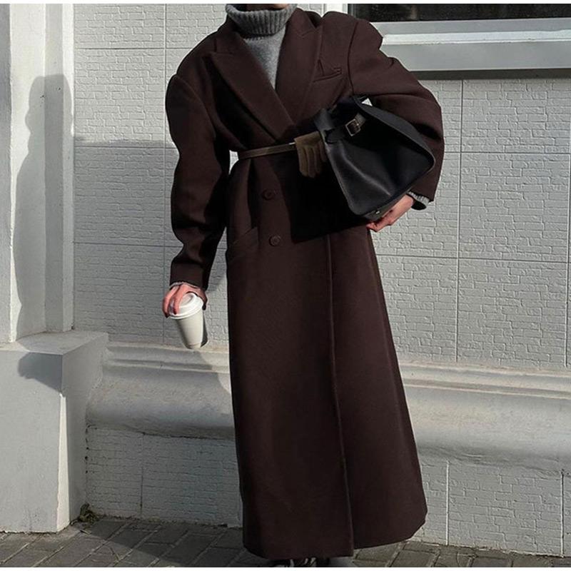 Модное женское пальто с отложным воротником и карманами, длинный рукав, длинное двубортное пальто, осень-зима, новая женская куртка