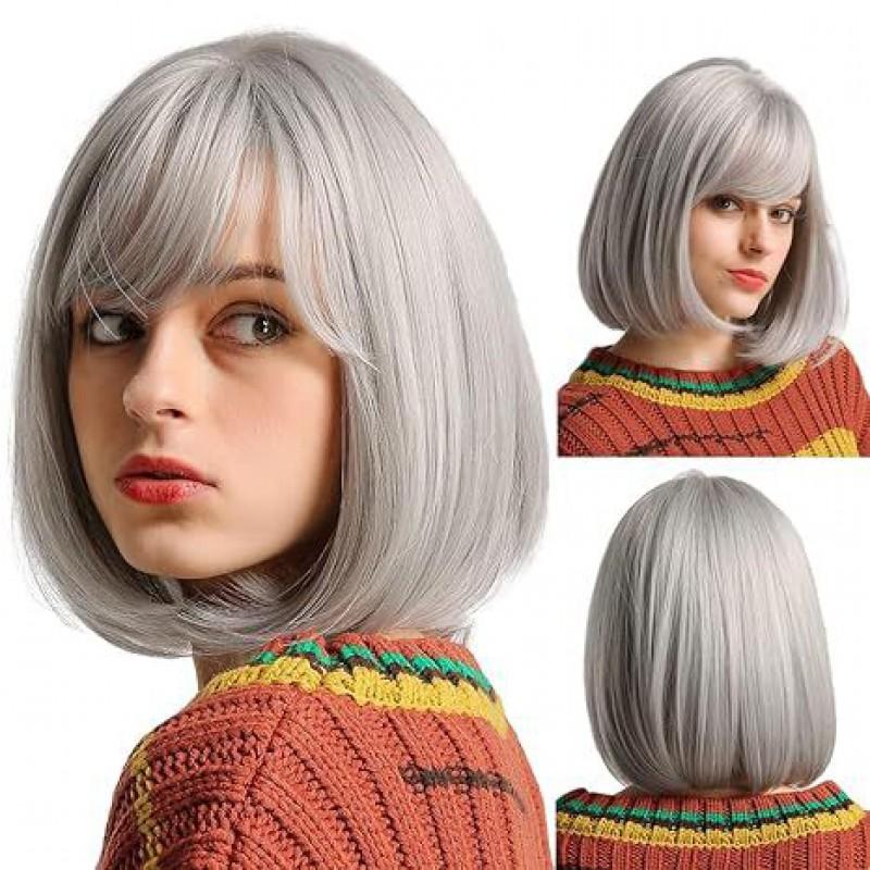 Womens Short Bob Wig With Bangs Gradient Gold Synthetic Hair Daily Use